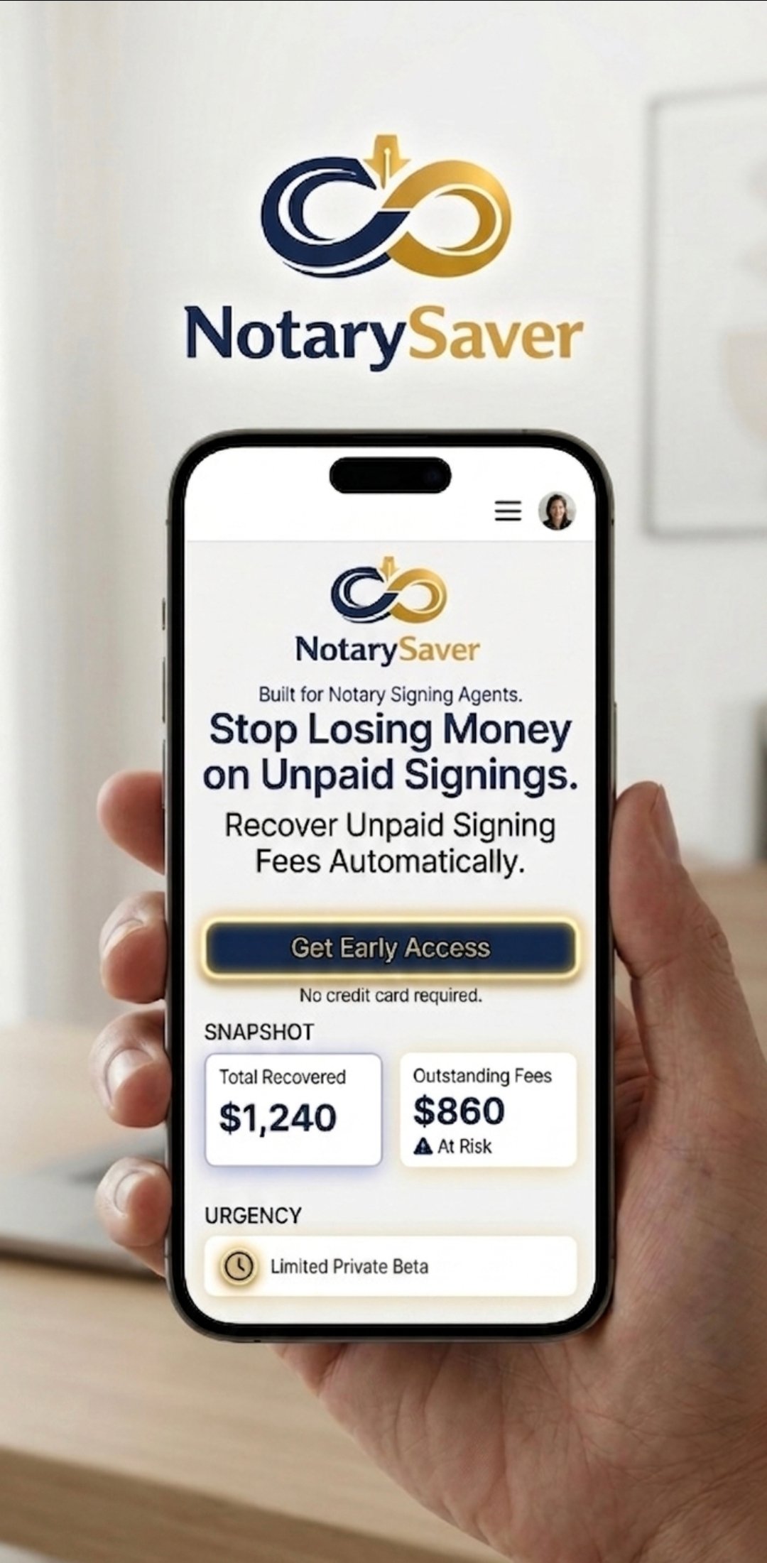 NotarySaver mobile UI mockup